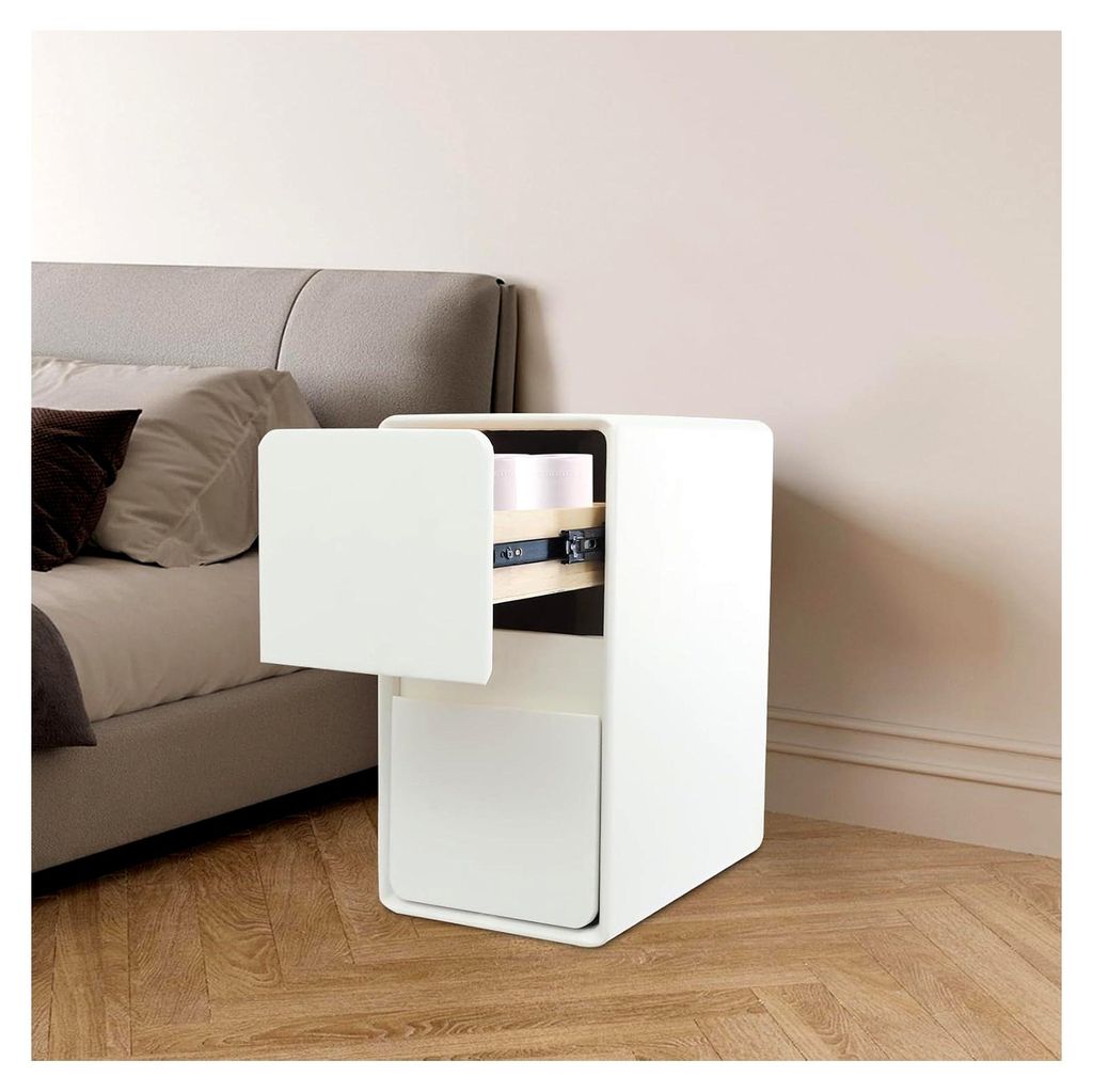 Schmaler Nachttisch in Weiß, Kleiner Beistelltisch mit 2 Schubladen, Nachtschrank für Schlafzimmer und Wohnzimmer, 25 x 40 x 48 cm