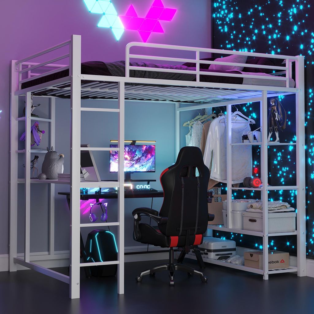 Sweiko Metall-Hochbett mit Leiter 140x200 cm, Juniorbett Doppelbett mit Tisch mit einfachen Kleiderbügeln mit Ablagefächern, Weiß