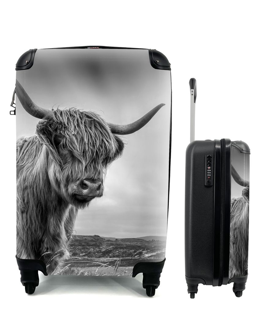 MuchoWow Koffer Handgepäck Trolley Rollkoffer Kleine Reisekoffer mit 4 Rollen - Kühe - Schottische Hochlandkühe - Natur - Tiere - Schwarz und ...