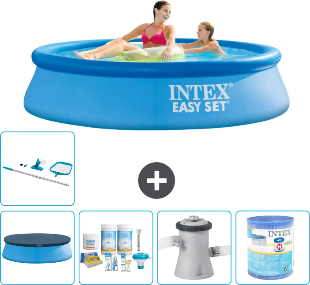 Piscina gonfiabile rotonda Intex Easy Set - 244 x 61 cm - blu - include copertura - pacchetto manutenzione - pompa filtro per piscina - filtro - kit pulizia