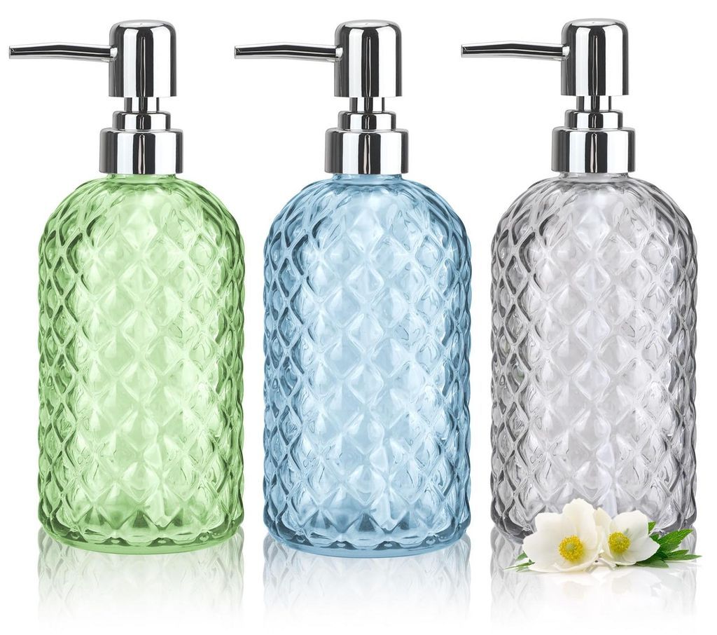 Set mit 3 Glasseifenspendern, 473 ml transparente Seifenspender, nachfüllbare Handseifenspender mit Pumpe für Küche, Bad und Waschküche (3 Farben)