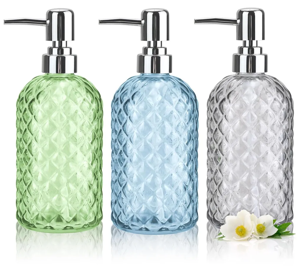 Distributeur Savon Transparent en Verre avec Pompe Robuste - 3 Pièces