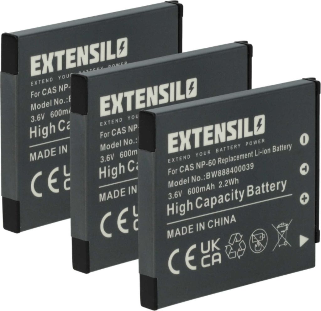 EXTENSILO 3x Akku kompatibel mit Casio Exilim EX-Z21, EX-Z20, EX-Z22, EX-Z29, EX-FS10, EX-S10, EX-Z25, EX-S12, EX-Z19 Kamera (600 mAh, 3,7 V, Li-Ion)