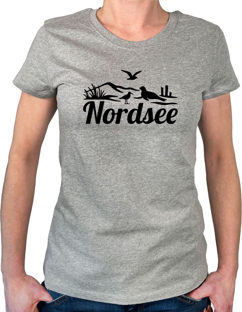 Huuraa Damen T-Shirt Nordsee Strandmotiv XXL Sport Grey Bio Baumwolle Fairtrade Damenshirt Geschenkidee