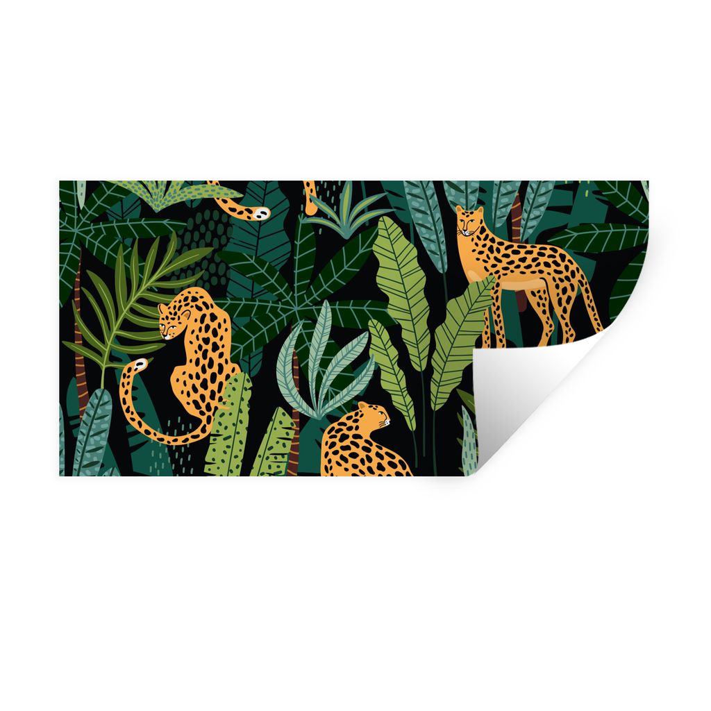 MuchoWow Wandtattoo Wandsticker Wandaufkleber Dschungel - Panther - Muster - Jungen - Mädchen - Pflanzen 120x60 cm Selbstklebend und Repositioni...
