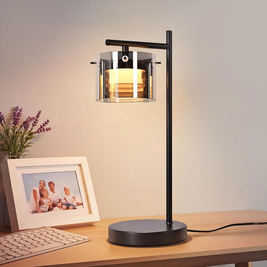 ZMH LED Tischlampe mit Kabel Nachttischlampe Tischleuchte Schwarz aus Rauchglas Warmlicht Nachttischleuchte Bettlampe für Wohnzimmer Schlafzimmer