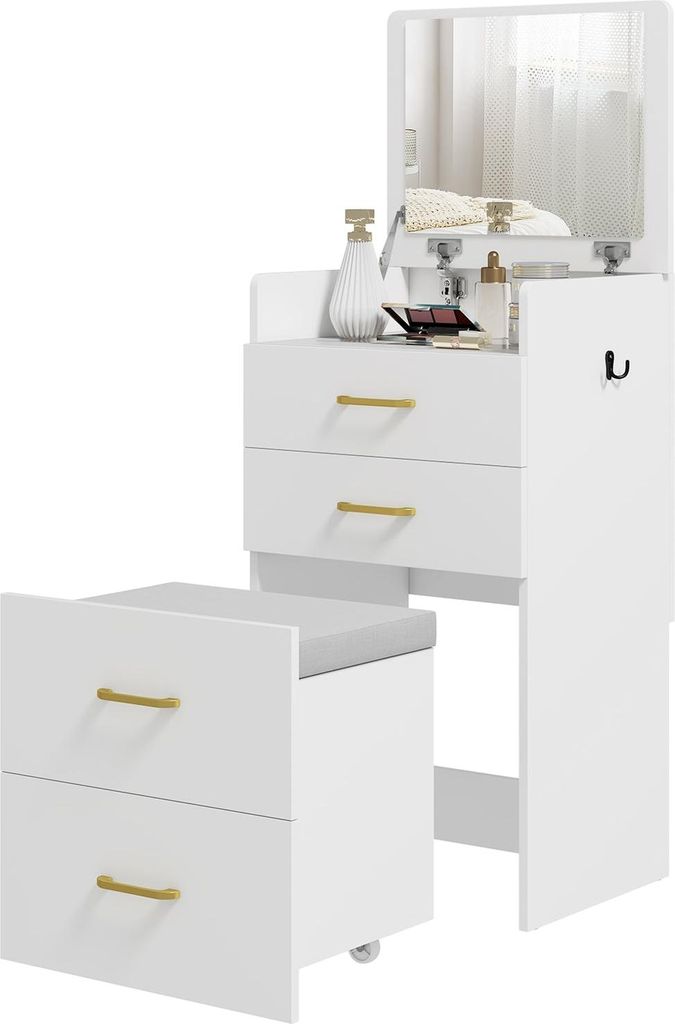Schminktisch-Set mit Spiegel, Nachttisch, Hocker, Weiß