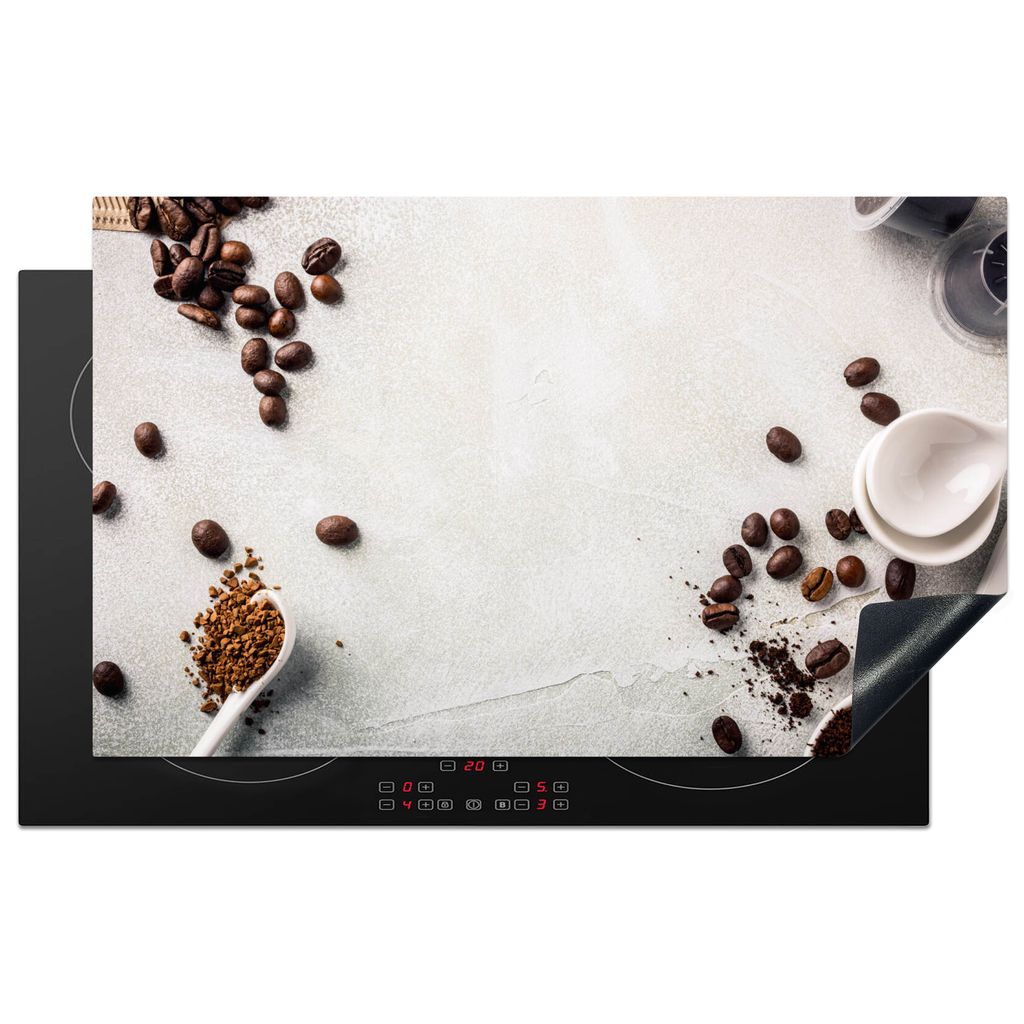 KitchenYeah Herdabdeckplatte Kaffee - Kaffeebohnen - Weiß , 85x52cm, Küche Deko, Glaskeramikkochfeld Herdabdeckung, Abdeckplatte fùr Kochfeld
