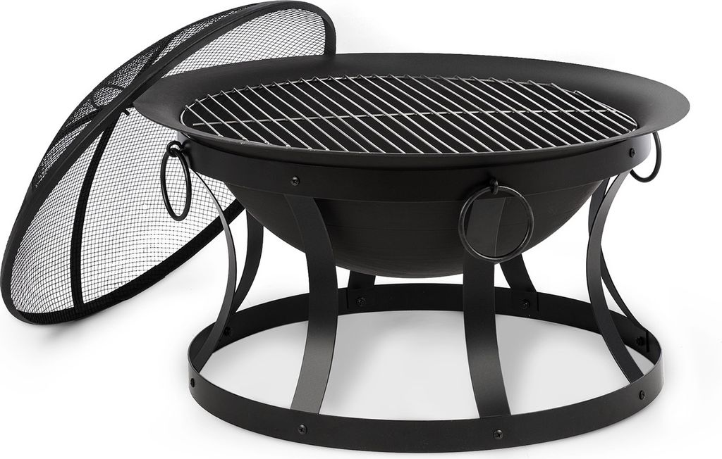 A black metal fire pit with a grill grate and a mesh lid resting on a white background.