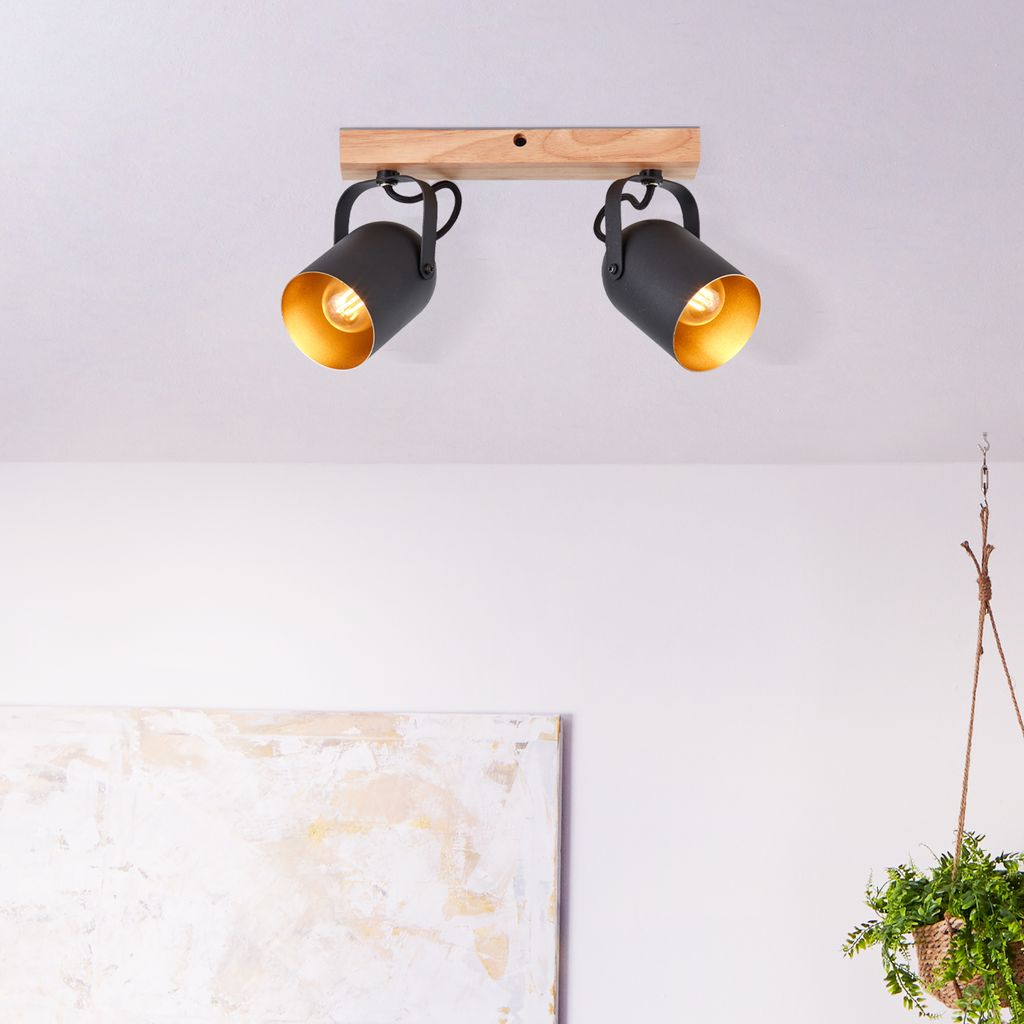 BRILLIANT moderner Spotbalken TRONTE | Zwei flammige Deckenleuchte mit Holz aus nachhaltigem Anbau| 2x E14 max. 28W | Metall/Holz