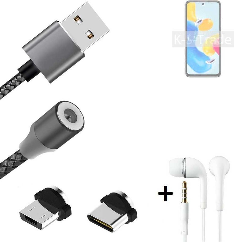 K-S-Trade Hochwertiges Magnet-Lade-kabel Sync-Kabel Daten-Kabel + Kopfhörer kompatibel mit Xiaomi Redmi Note 11S 5G mit USB-Typ-C-Anschluss und