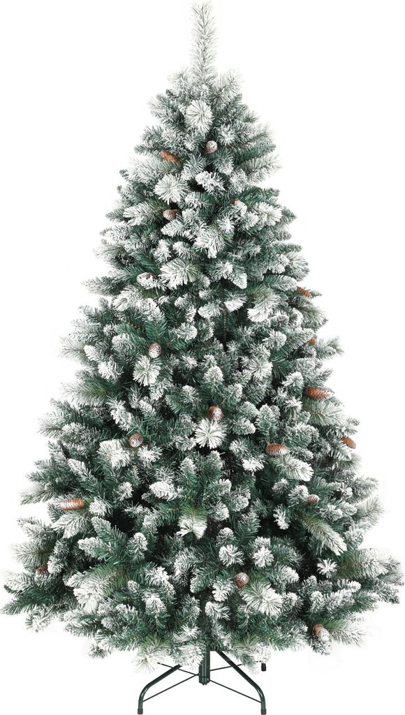 Künstlicher Weihnachtsbaum 180 cm künstlich Tannenbaum mit Schnee, 1000 Spitzen 34 Tannenzapfen Breite Basis