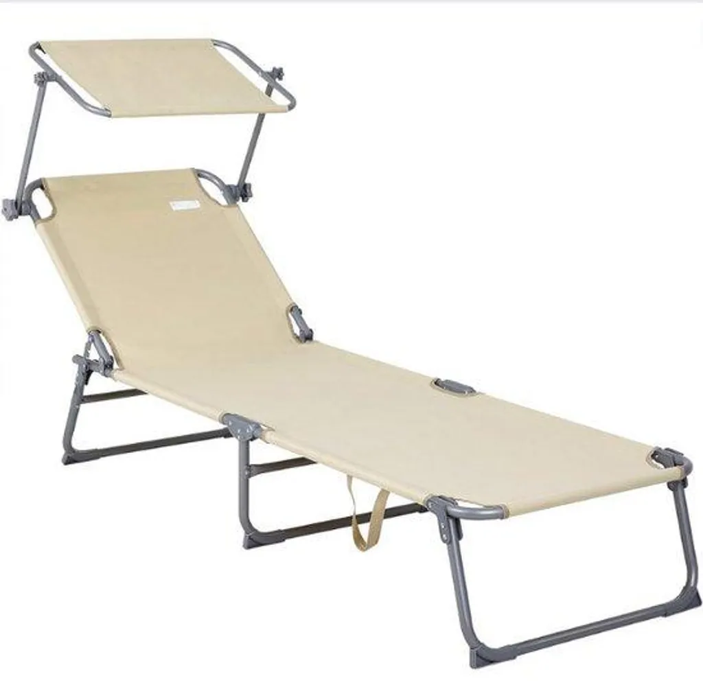 Lit de plage pliable avec parasol beige - Transat léger de camping