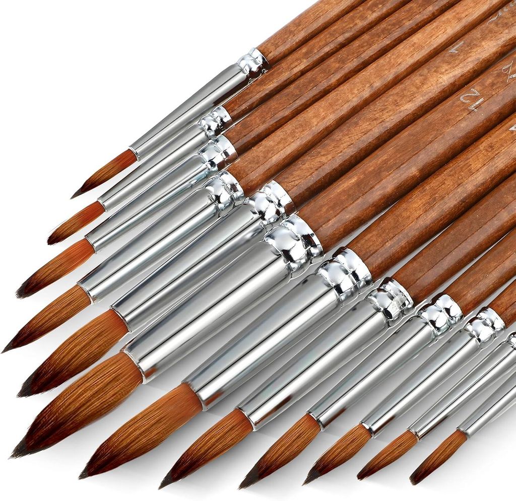 12 Nylon-Aquarellpinsel mit runder Spitze, für Acrylfarben, Modellbau und bildende Kunstmalerei, komplettes Set