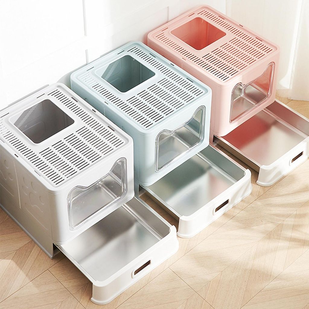 Katzentoilette,Edelstahl Katzenklo mit Deckel und ausziehbares Tablett,XL Geschlossene Katzenklo,Metall Katzenklo mit Streuschaufel 38x41x51cm (Grau)