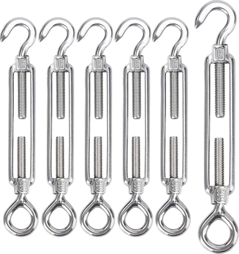 6 Stück M8 Spannschloss Seilspanner Edelstahl, Spannschloss mit Haken und Öse Verstellbare Haken Und Öse Drahtspanner, Spannhaken für Sonnenseg...
