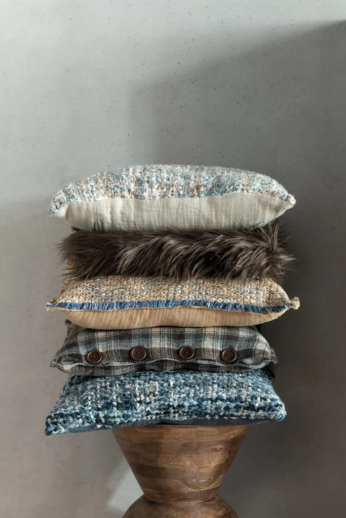 J-Line Coussin bords effilochés marron et bleu en polycoton 45x45 cm - 4