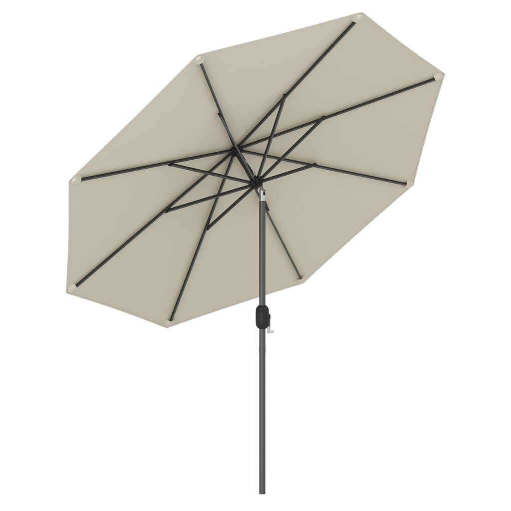 A beige patio umbrella with a black frame is shown against a white background.
