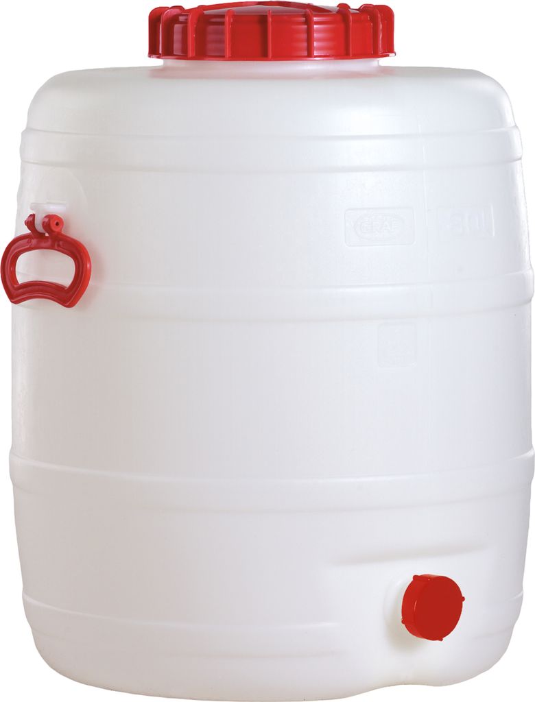 Graf Getränkefass rund, starkwandiger Wasserkanister, Weckfass für Saft / Wein, Volumen 80 l, Höhe 62 cm, mit Henkel, Polyethylen, weiß / rot