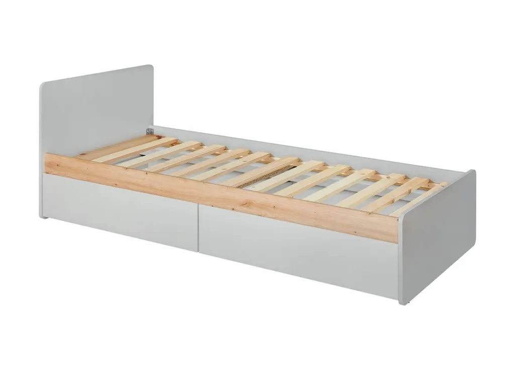 Lit 90x200 gris perle et chêne RENI avec grand coffre de rangement bas