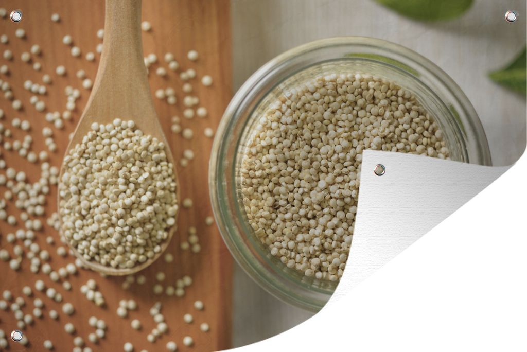 MuchoWow 60x40 cm Outdoor-Poster Gartendeko Sichtschutz Garten Poster für den Garten Quinoa in einer Glasschale und auf einem Holzlöffel