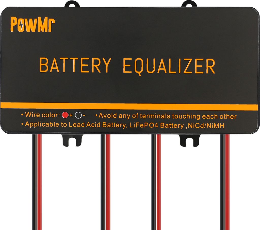 A black battery equalizer device with orange text and red and black wires attached.