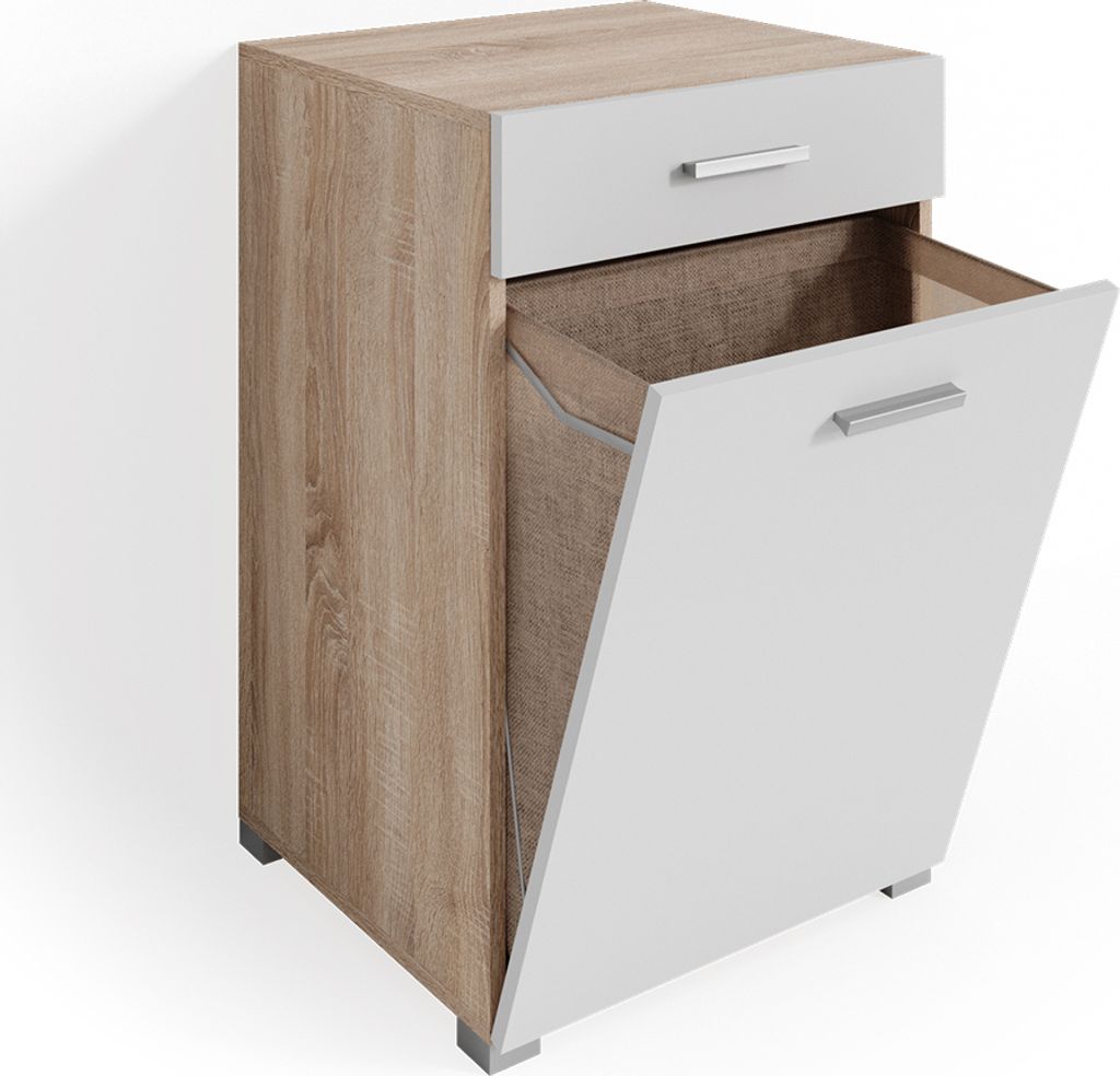 A product shot of a bathroom cabinet with a drawer and a flip-down door revealing a laundry hamper.