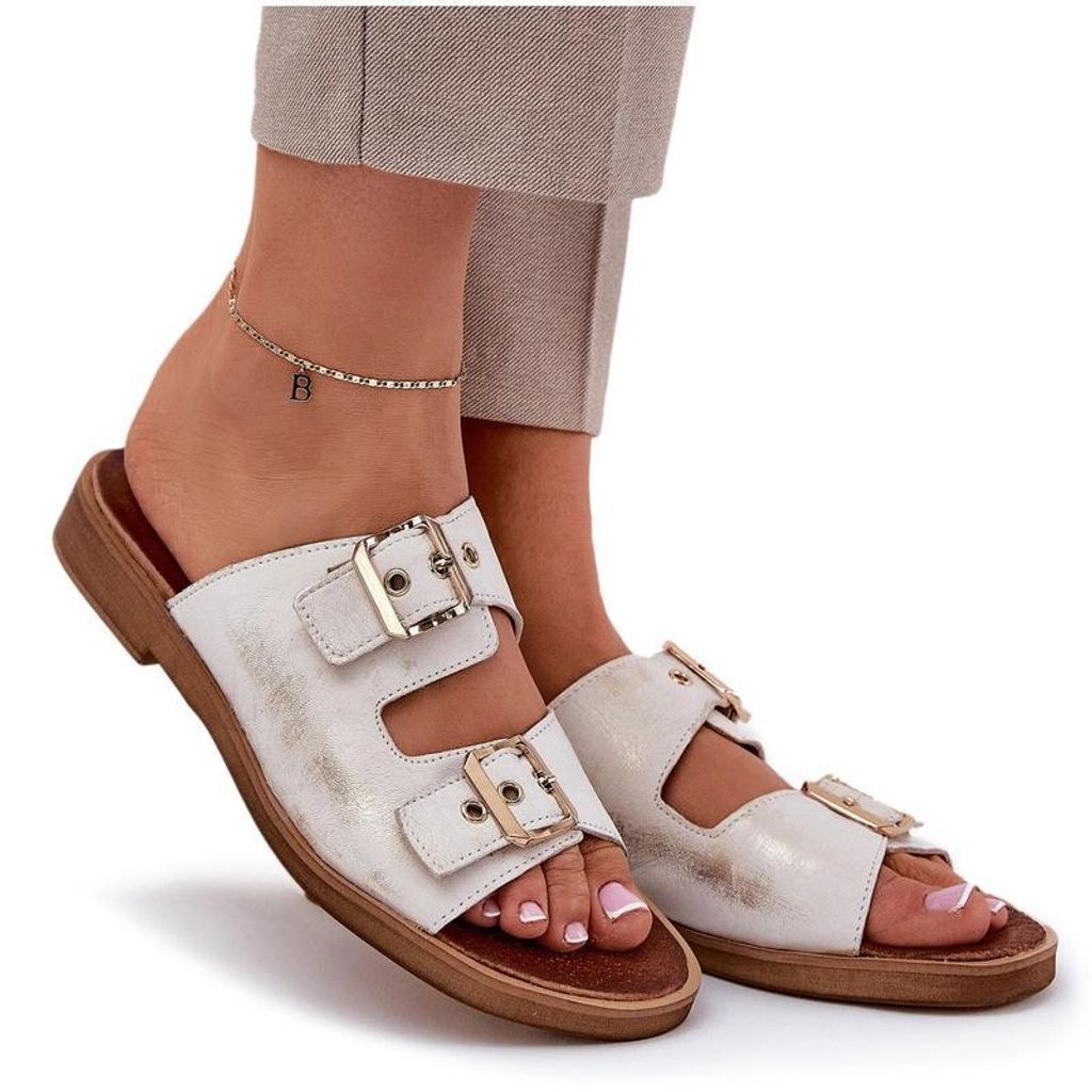 Leder Flache Sandalen Mit Schnallen Zazoo 3020 Abgenutzt Gold 35