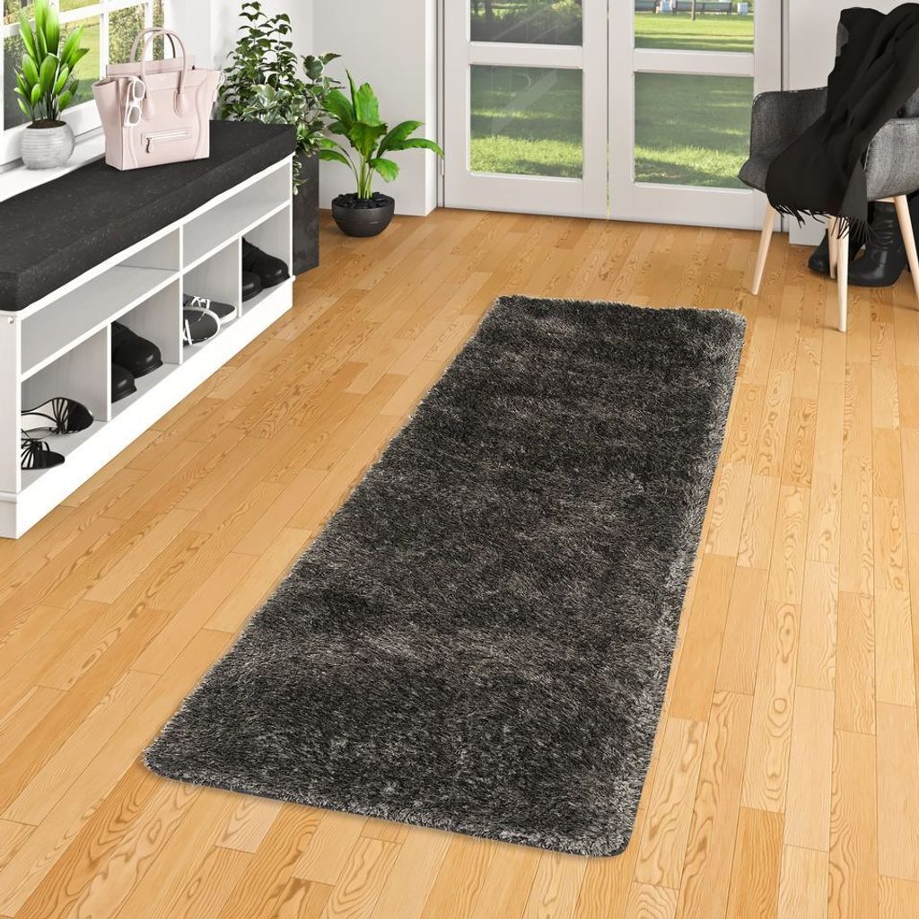 Hochflor Shaggy Teppich Läufer Luxus Feeling Mix Anthrazit, Größe:80x160 cm