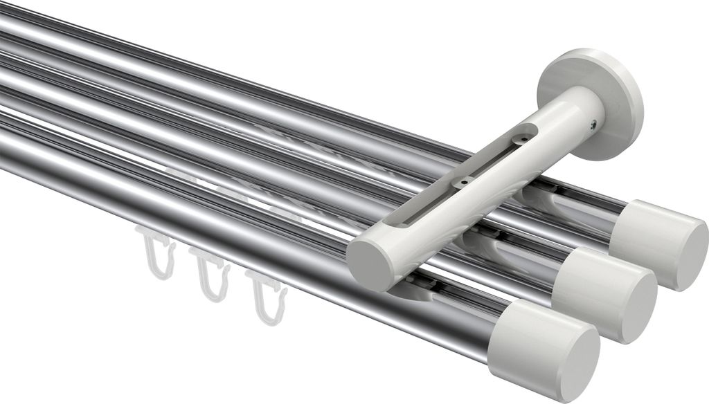 Interdeco Innenlaufstange / Gardinenstange mit Innenlauf Chrom / Weiß, Typ Siteno Santo (Kappe), 20 mm Ø 3-läufig, 320 cm