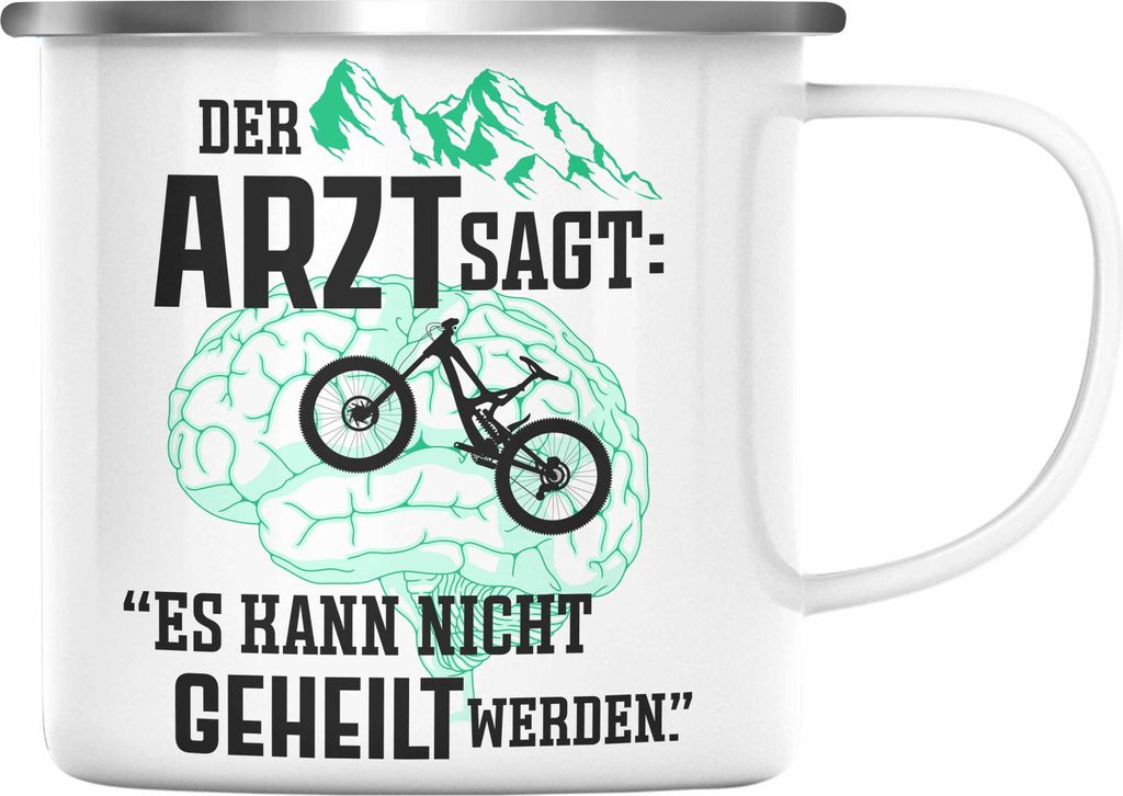 Trendation - Mountainbike Geschenke für Männer Emaille Tasse Geschenk Mountainbike-Fahrer Geschenkideen (Silber)