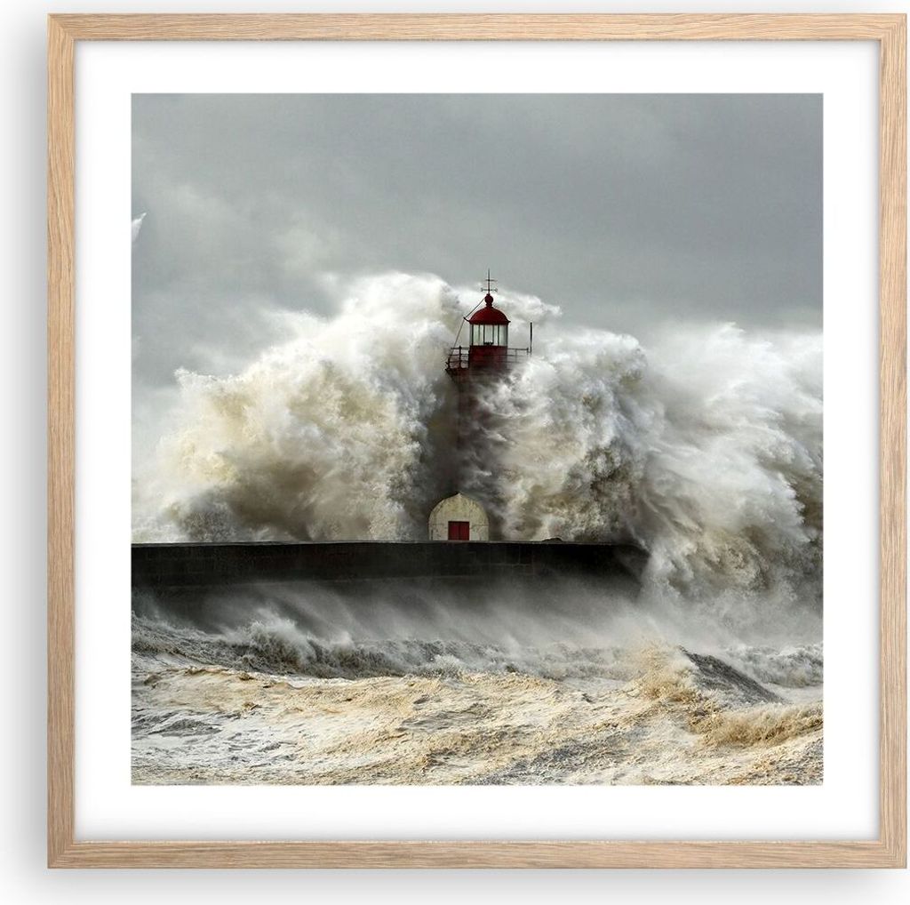 Gerahmtes Poster - Rahmen in heller Eiche - Leuchtturm Ozean Sturm - 50x50 cm - Wand Bild - Wanddeko - Wandbilder - Wandposter - Bilderrahmen - Bil...