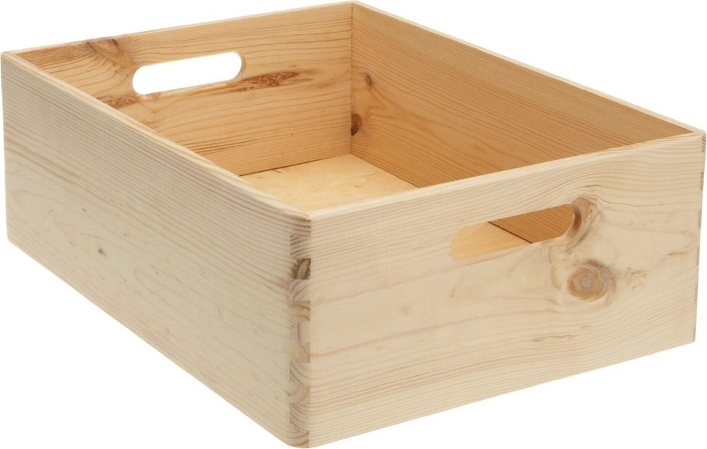 A wooden crate with handles on a white background.