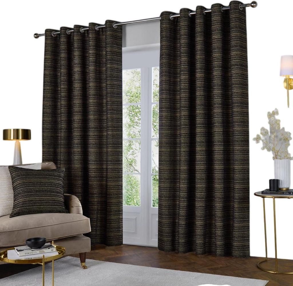 Paoletti - "Jupiter" Ösenvorhänge, Chenille RV3696 (168 cm x 183 cm) (Schwarz/Gold)