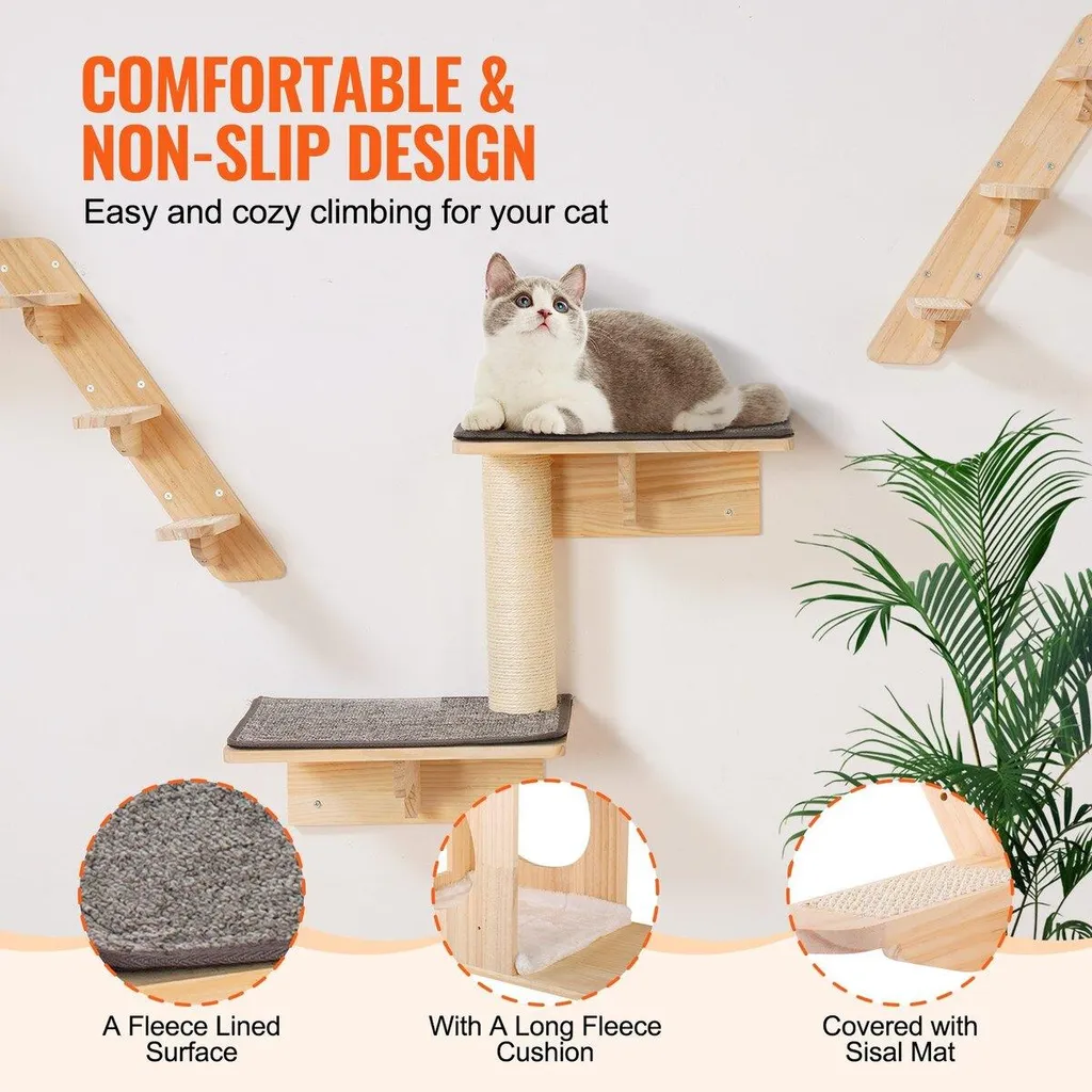 Arbre à chat mural avec plateformes de saut et hamac - Set de 7 pièces