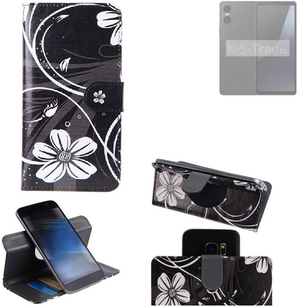 K-S-Trade Schutzhülle Handyhülle kompatibel mit Sony Xperia 10 VI Hülle 360° Wallet Case “Flowers“ Klapphülle Hülle schwarz-weiß 1x