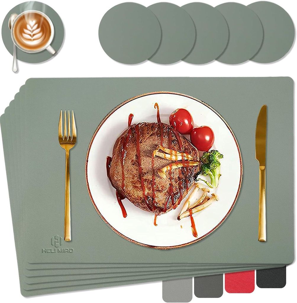 Set mit 6 doppelseitigen quadratischen Glas-Platzsets, 43 x 30 cm, abwaschbares, rutschfestes PVC-Leder, salbeigrün