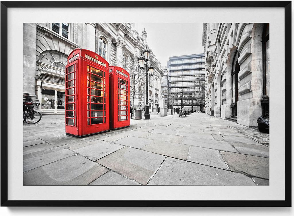 Rote Telefonzellen London– Wandbild mit Rahmen – Gerahmtes Bild – Wanddekoration – 100x70 cm – Schwarz Rahmen