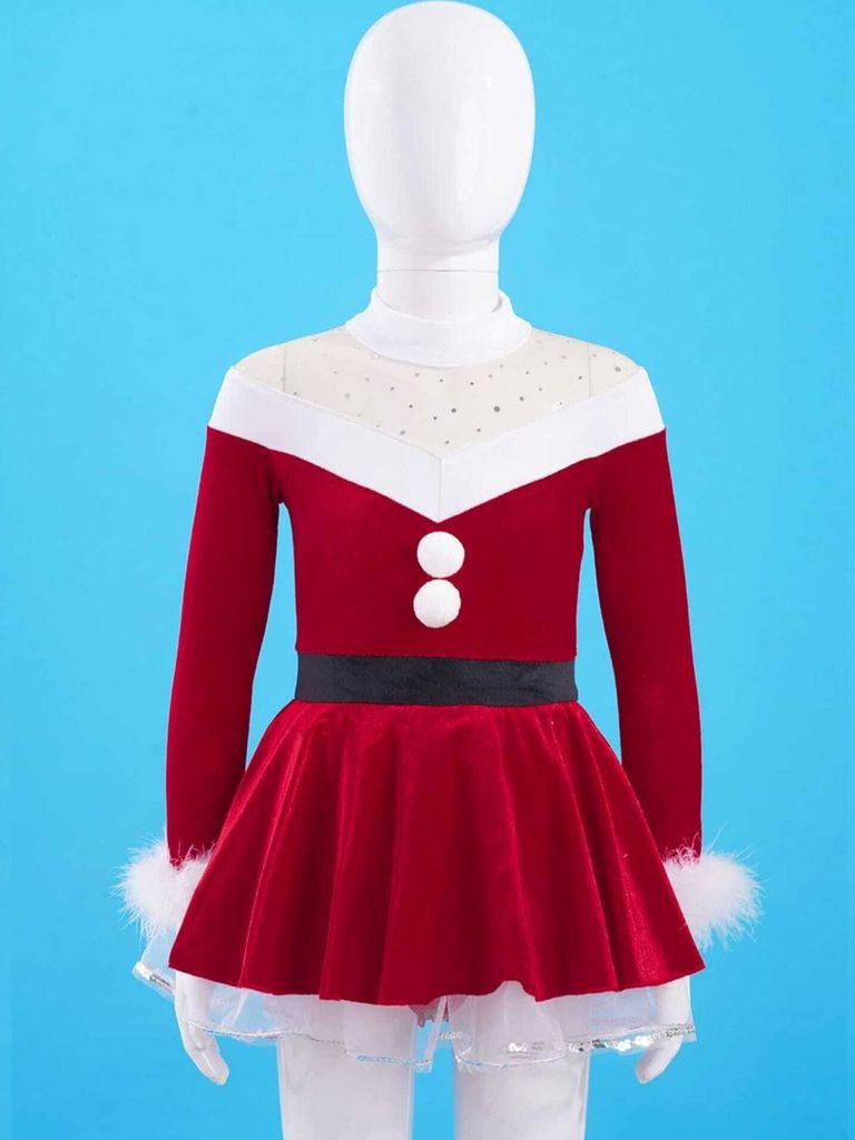 Elegantes Weihnachtskleid für Mädchen (122-128 cm) – Festliches Ballett Kleid Langarmig, perfekt für Partys, Festlichkeit, Eiskunstlauf-Kleid