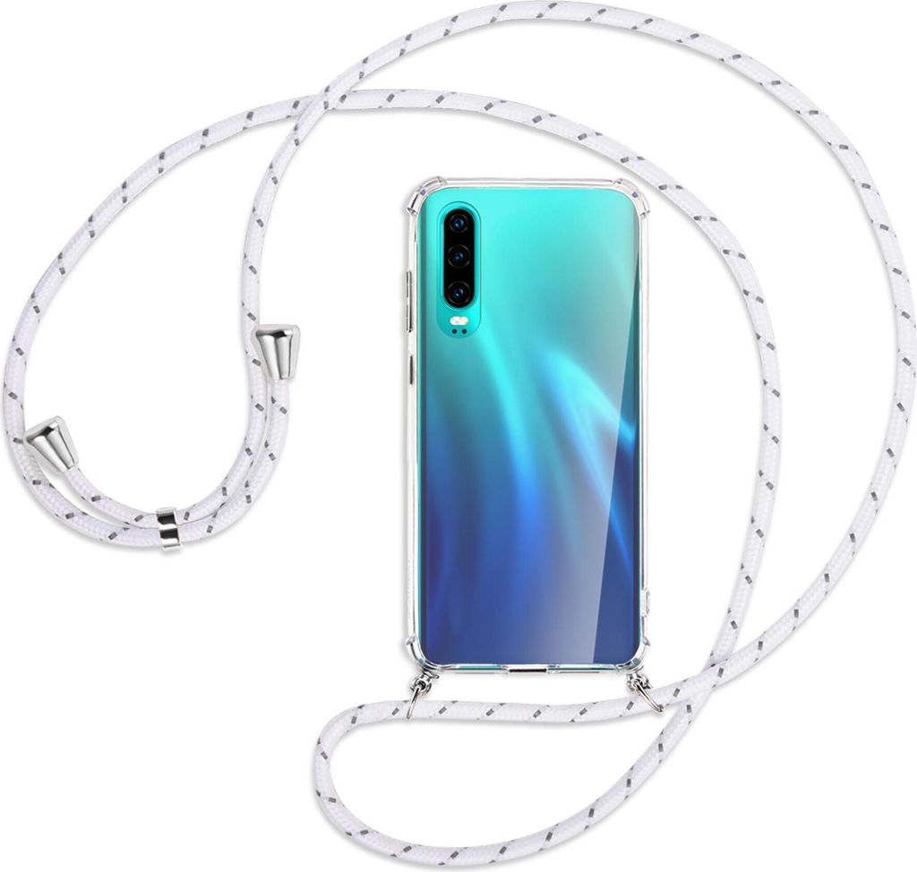 Handykette Backcover-Schutzhülle mit Band (Metall silberfarben) für Huawei P30 - weiß/grau