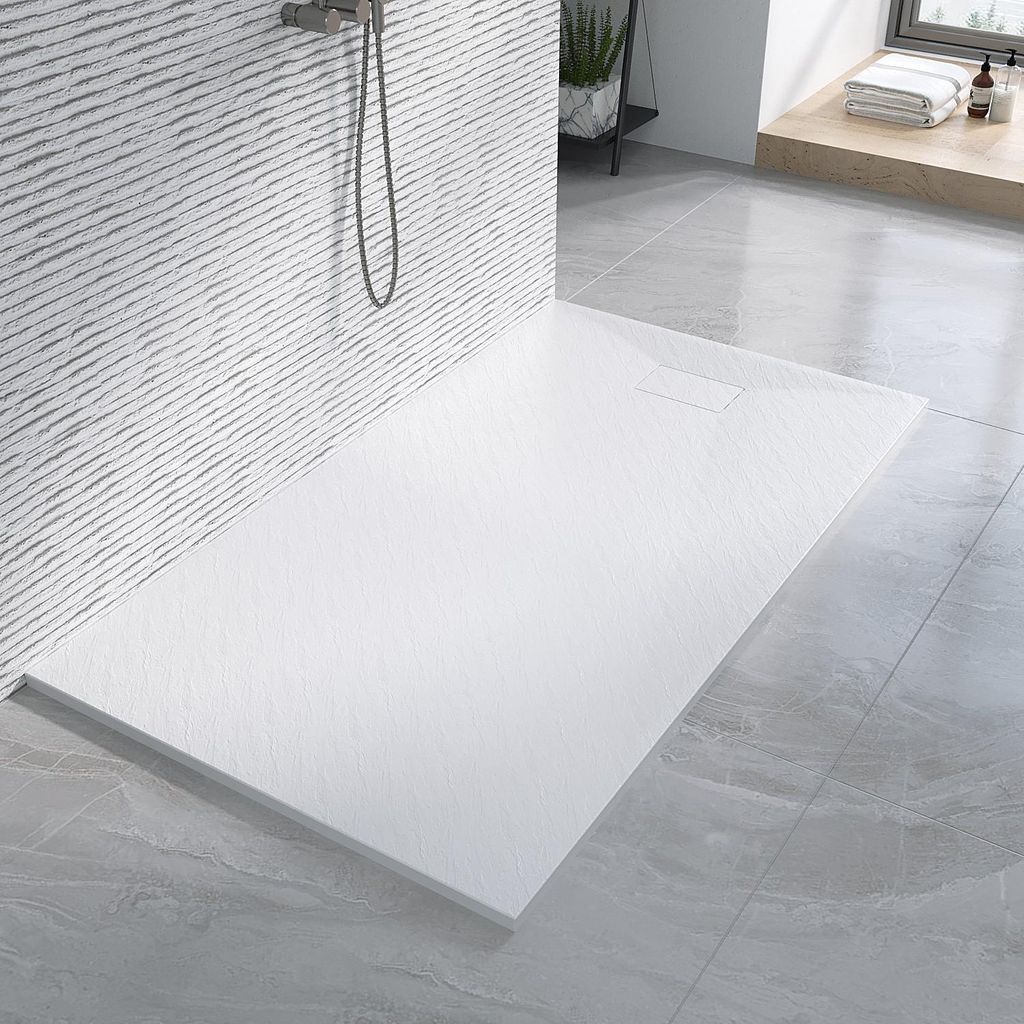 AQUABATOS Duschwanne 160x90 cm – weiße rutschfeste Duschtasse, 2,6 cm hoch, SMC-Glasfaser mit Steinoptik, zuschneidbares Design