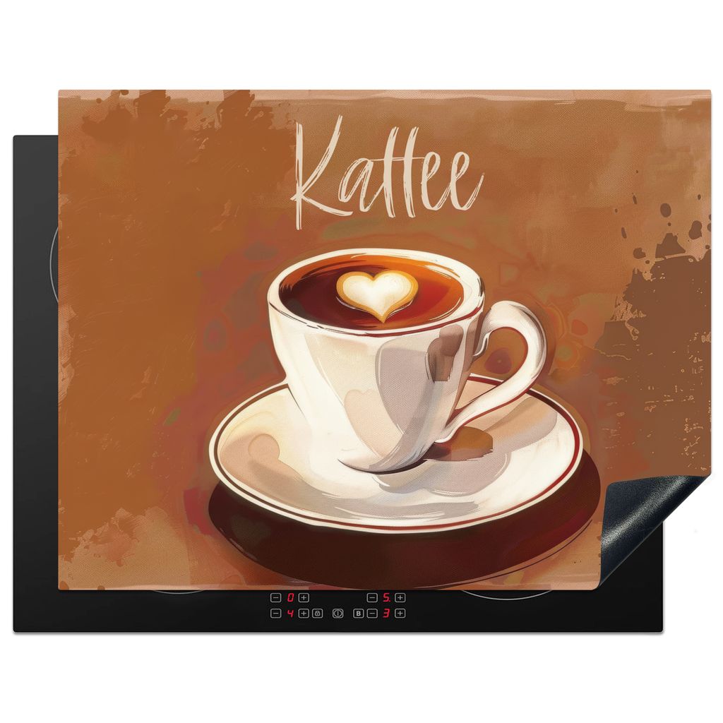 KitchenYeah Herdabdeckplatte Kaffee - Tasse - Herz - Braun , 77x59cm, Küche Deko, Glaskeramikkochfeld Herdabdeckung, Abdeckplatte fùr Kochfeld