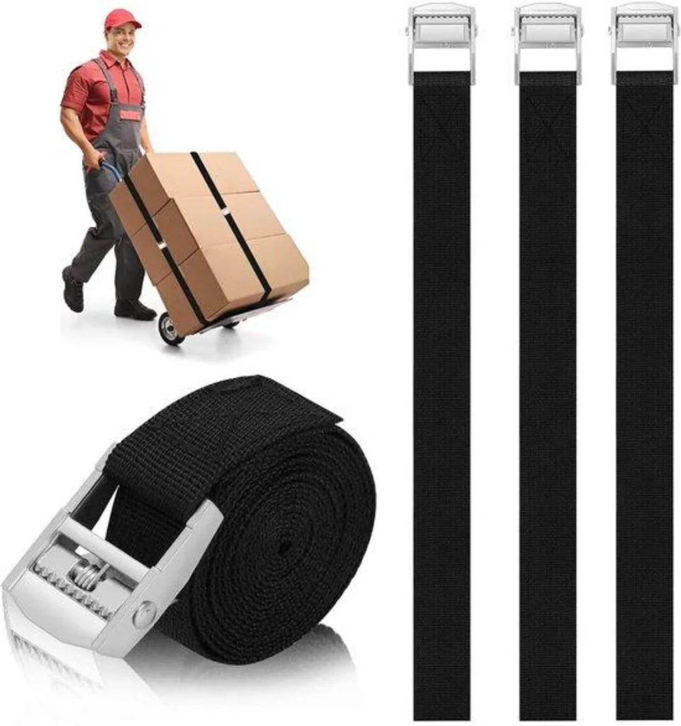 Sangle de fixation à cliquet 2m x 25mm, Lot de 4 sangles noires 250kg