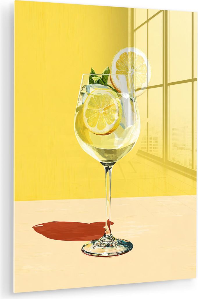 MuchoWow Glasbilder - Bilder auf Wandbild - Foto auf Glas Weinglas - Zitrone - Gelb - Minimalistisch 60x80 cm Wanddekoration aus Glas - Acrylglasbi...