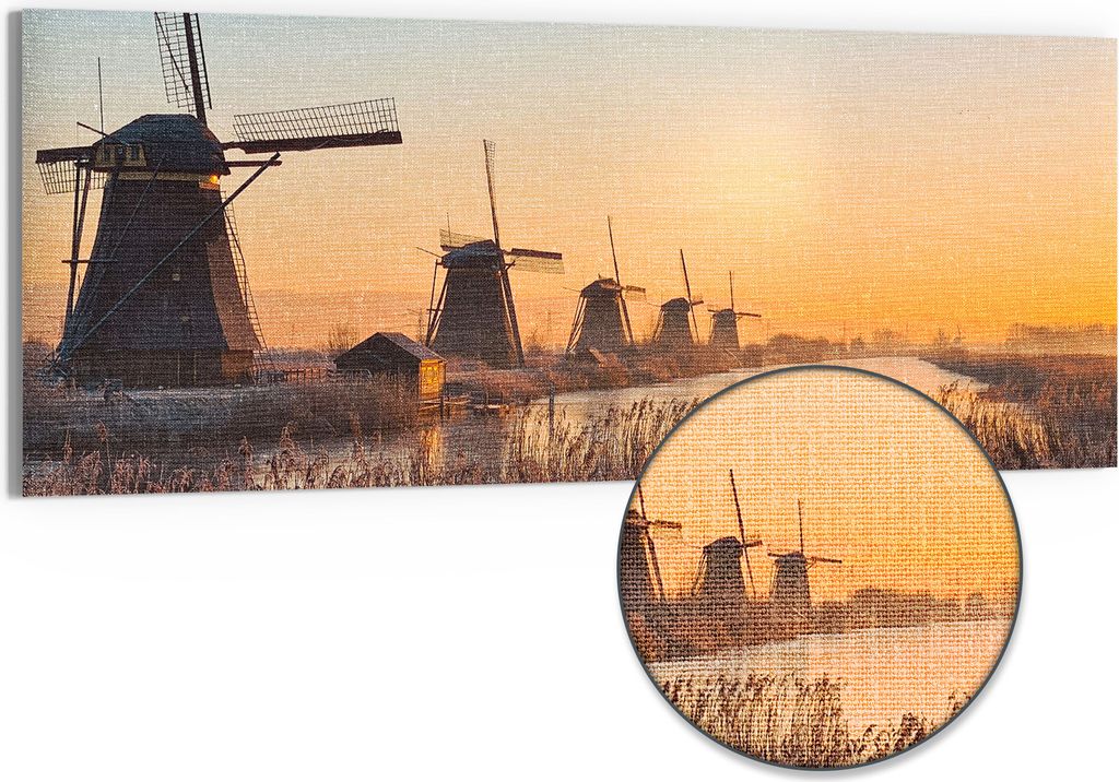 DEQORI Hybrid Leinwand Bild 150x60 cm 'Mühlen im Morgenlicht' Wandbild Glas flach modern
