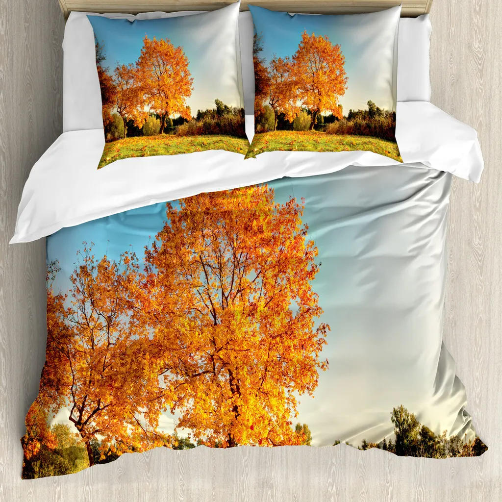 ABAKUHAUS Set copripiumino naturale per letti matrimoniali, acero in autunno, antiacaro, adatto a chi soffre di allergie, con federe, arancione blu