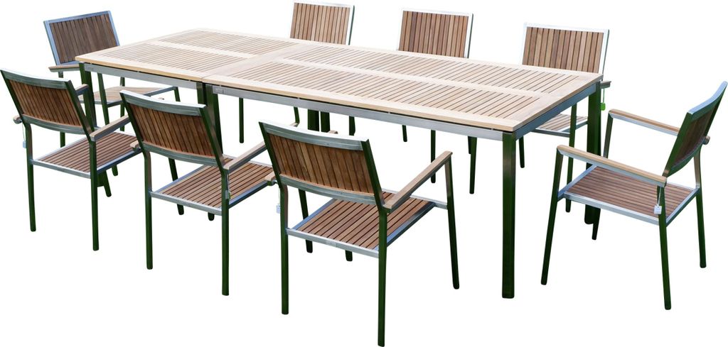 ALEOS. Gartengarnitur Edelstahl Teak Set Tisch 160x90 cm + Tisch 90x90cm + 8 Teak Sessel A-Grade Teak Holz Serie KUBA Gastroqualität