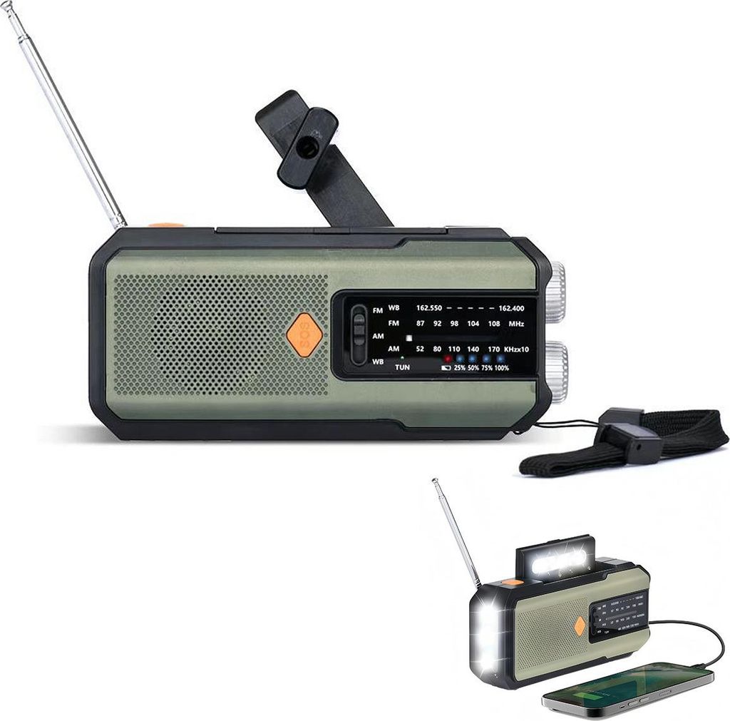 Camping Notfallradio Solar, 5000mAh Akku Solar radio, LED-Taschenlampe, AM FM Wetterfunk, SOS-Alarm, Handkurbel, Powerbank