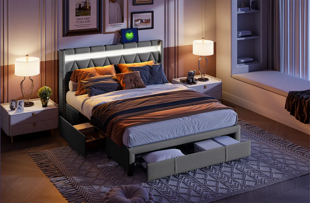 Lit 160x200 cm : Solution gain de place avec 4 tiroirs et LED intégrées - 10