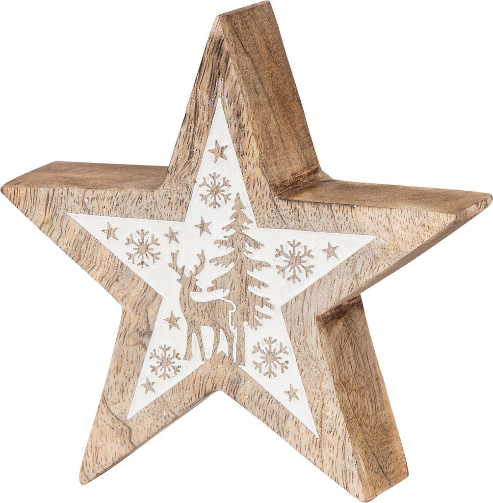 Deko-Stern Holz 14cm Natur Weiß Mango Deko Tischdeko Mangoholz Holzdeko Winter